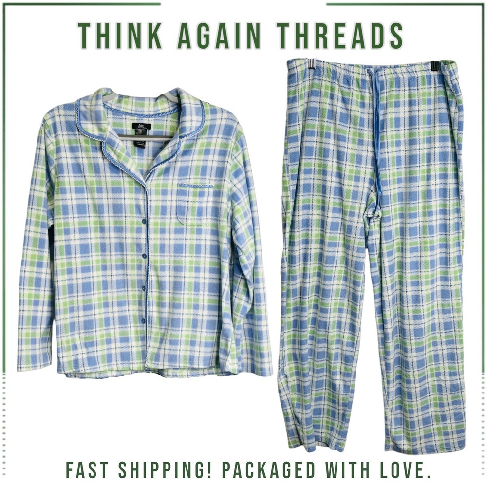 Aria Womens Blue Green Fleece Pajama Set Size Large